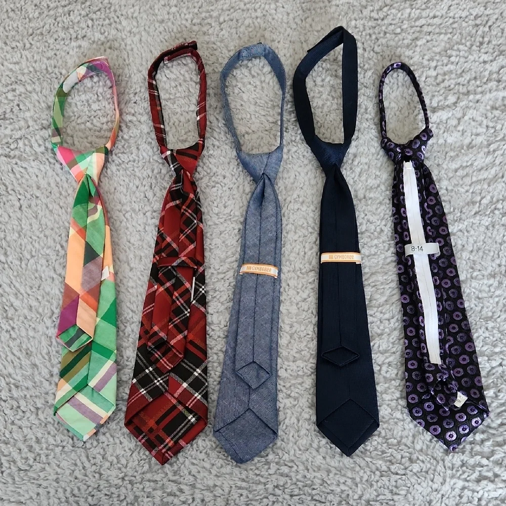 Boys Tie Bundle •‎ 5 Dress Ties • Plaid, Solid & Patterned Styles